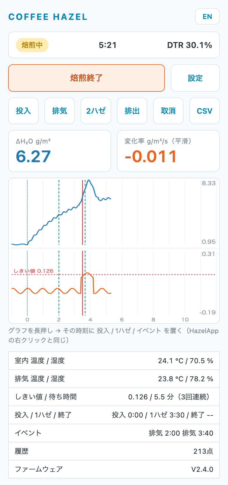 焙煎中の画面